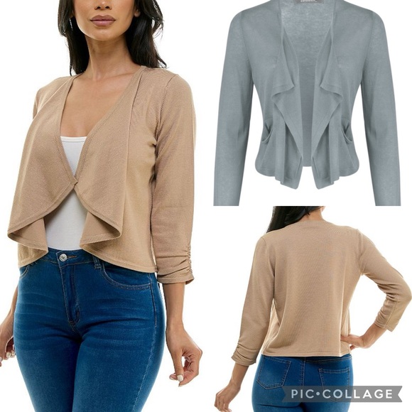 NWT! Covington Sterling Grey Ruched Long Sleeve Open Front Draped Shrug Cardigan - Picture 4 of 15